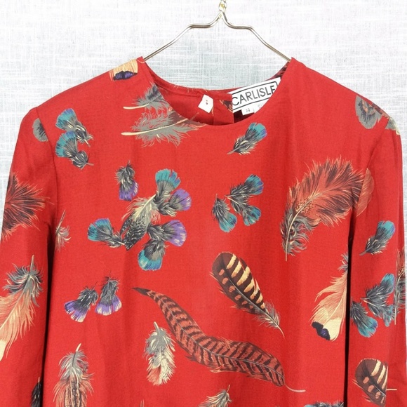 Vintage Carlisle Feather Print Blouse Size 14 Silk - Picture 2 of 6